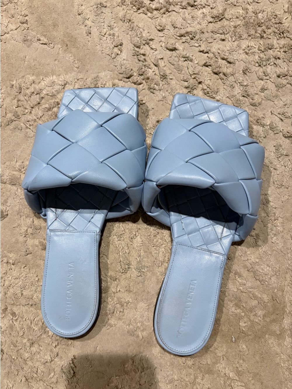 Bottega Veneta Light Blue Woven Slide Sandals
